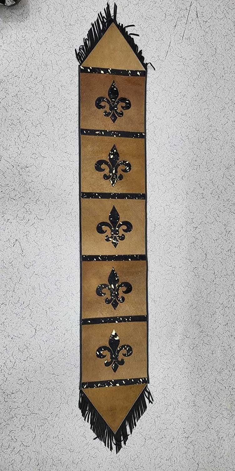 MOUSM Real Cow Hide Leather Embroidered Table Runner 72 inches, Fleur-de-lis with Hand Tassels for Farmhouse Rustic Wedding Dinner Party