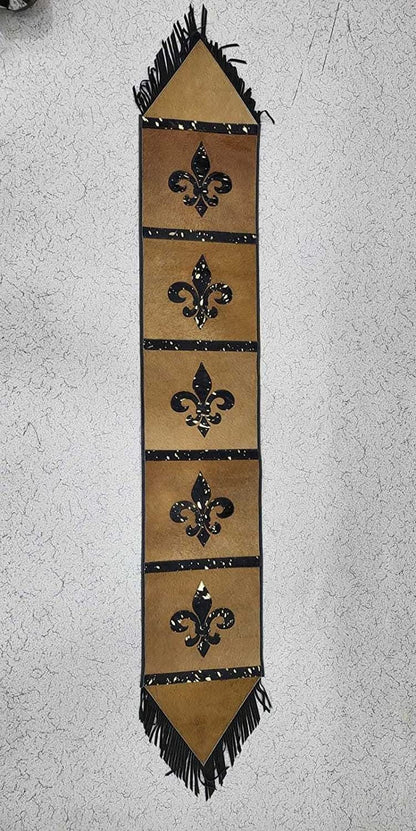 MOUSM Real Cow Hide Leather Embroidered Table Runner 72 inches, Fleur-de-lis with Hand Tassels for Farmhouse Rustic Wedding Dinner Party