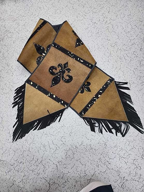 MOUSM Real Cow Hide Leather Embroidered Table Runner 72 inches, Fleur-de-lis with Hand Tassels for Farmhouse Rustic Wedding Dinner Party