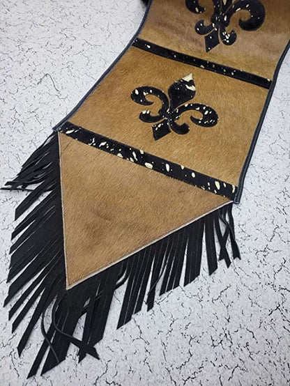 MOUSM Real Cow Hide Leather Embroidered Table Runner 72 inches, Fleur-de-lis with Hand Tassels for Farmhouse Rustic Wedding Dinner Party
