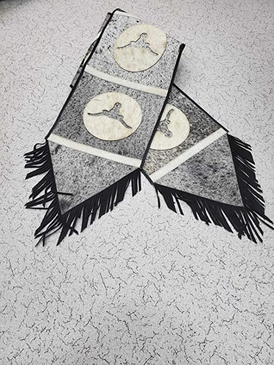 MOUSM Real Cow Hide Leather Embroidered Table Runner 72 inches, Bull Head Cutout Patches with Hand Tassels for Farmhouse Rustic Wedding