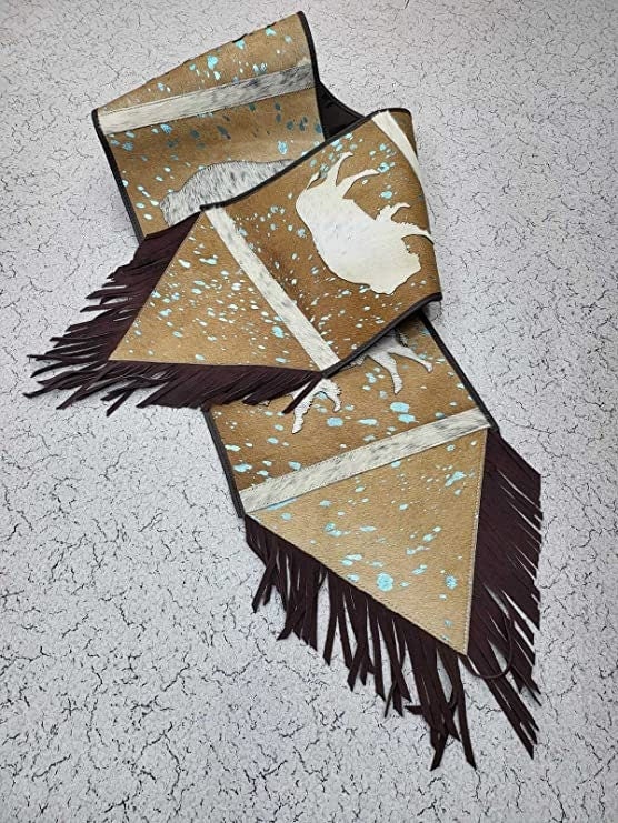 Cow Hide table runner Leather Table Runner Acid wash brown cowhide table runner with laser cut animal patch decorated black fringe by Mousm