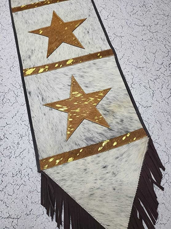 MOUSM Real Cow Hide Leather Embroidered Table Runner 72 inches -Stars Cutout with Hand Tassels for Farmhouse Rustic Wedding Dinner Party