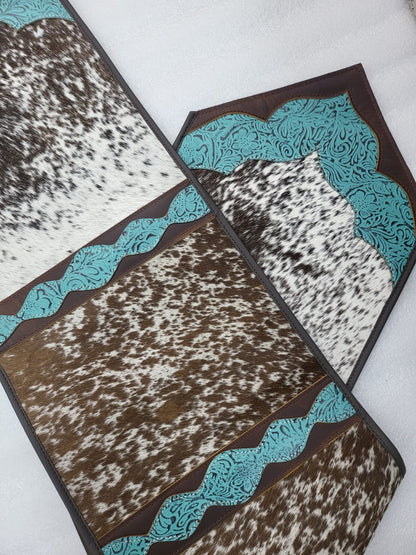 Tri colour Real leather cowhide TABLE RUNNER  with *square cut like decoration * turquoise/Brown/White - 6&