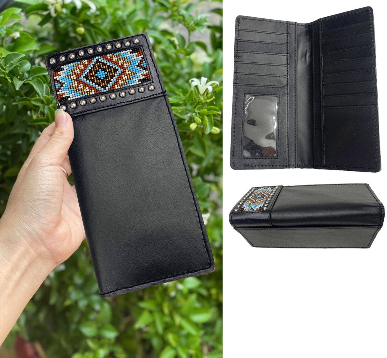 Genuine Western Leather Wallet for Men Long Bifold Rodeo Cowboy Wallet with 8 Credit Card &amp; 2 Cash Slots