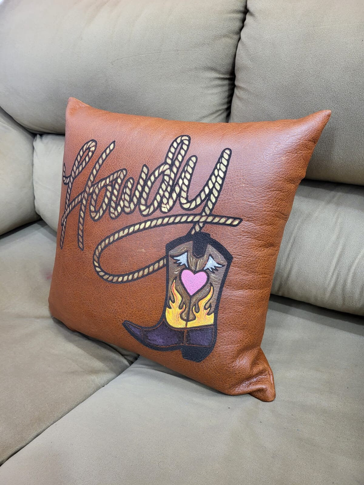 Mosum Genuine Leather Decorative Cushion Cover Handmade Square Shape Cushion Cover Hand Painted Howdy &amp; Western Shoe 18&quot; x 18&quot; Cushion Cover
