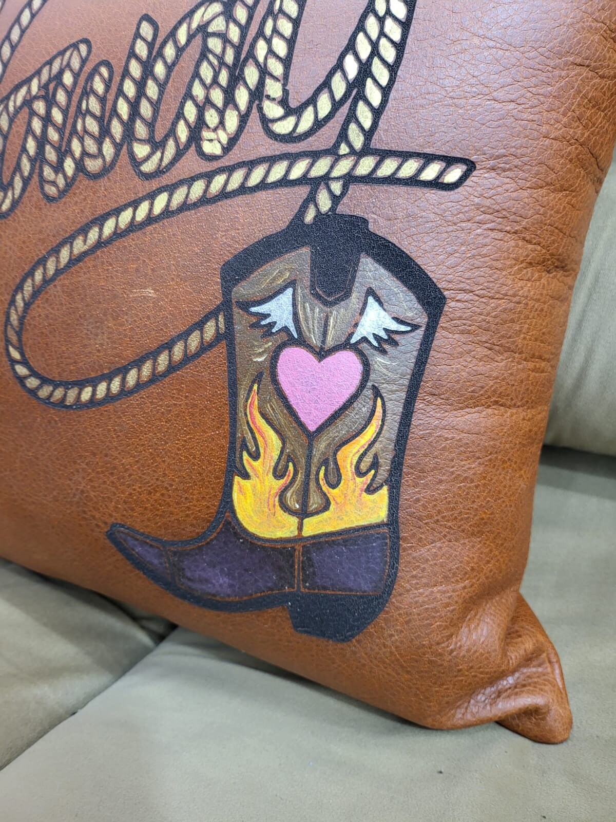 Mosum Genuine Leather Decorative Cushion Cover Handmade Square Shape Cushion Cover Hand Painted Howdy &amp; Western Shoe 18&quot; x 18&quot; Cushion Cover
