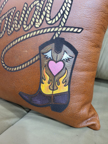 Mosum Genuine Leather Decorative Cushion Cover Handmade Square Shape Cushion Cover Hand Painted Howdy &amp; Western Shoe 18&quot; x 18&quot; Cushion Cover