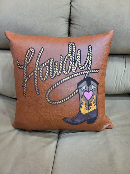 Mosum Genuine Leather Decorative Cushion Cover Handmade Square Shape Cushion Cover Hand Painted Howdy &amp; Western Shoe 18&quot; x 18&quot; Cushion Cover