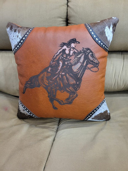 Mosum Genuine Leather Decorative Cushion Cover Handmade Square Shape Cushion Cover Hand Painted Rider on Running Horse 18&quot;x18&quot; Cushion Cover
