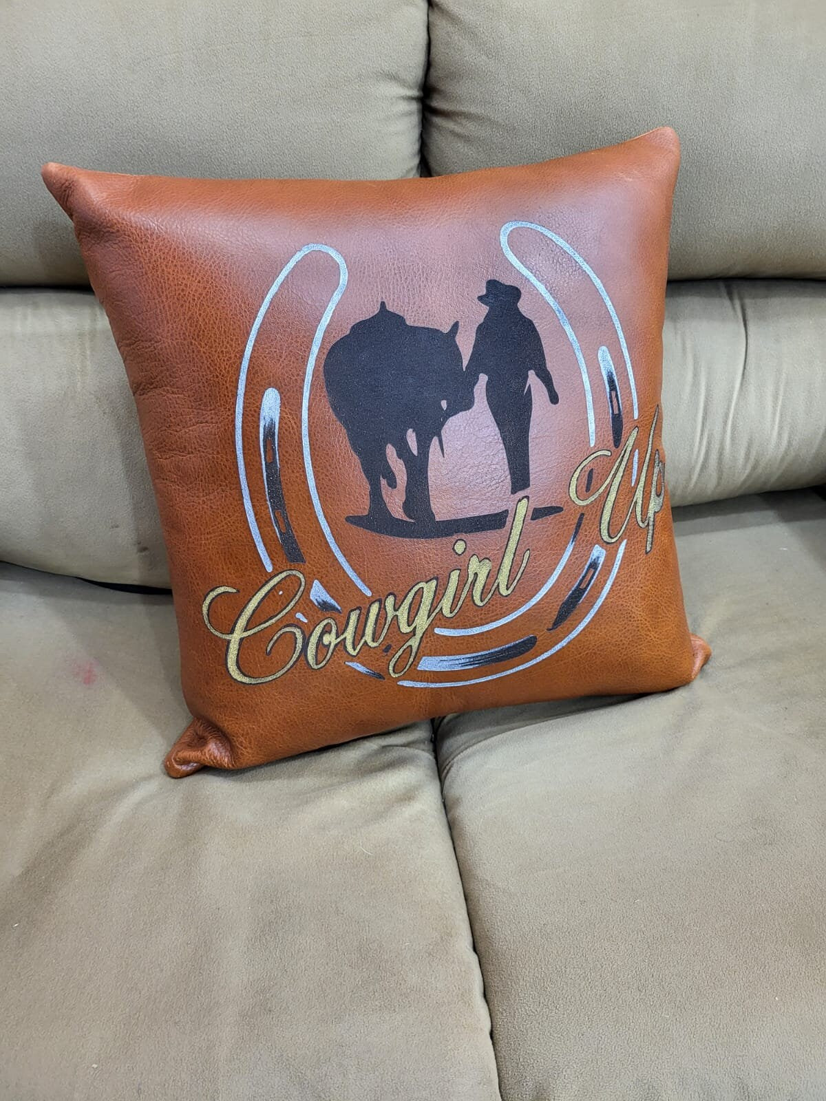 Mosum Genuine Leather Decorative Cushion Cover Handmade Square Shape Cushion Cover Hand Painted Cowgirl &amp; Horse Shoe 18&quot; x 18&quot; Cushion Cover