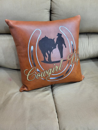 Mosum Genuine Leather Decorative Cushion Cover Handmade Square Shape Cushion Cover Hand Painted Cowgirl &amp; Horse Shoe 18&quot; x 18&quot; Cushion Cover