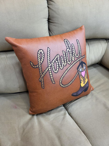 Mosum Genuine Leather Decorative Cushion Cover Handmade Square Shape Cushion Cover Hand Painted Howdy &amp; Western Shoe 18&quot; x 18&quot; Cushion Cover