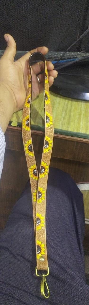 MOUSM Genuine Leather Lanyard, Handmade Neck Lanyards for badge holder, Sunflower Lanyard