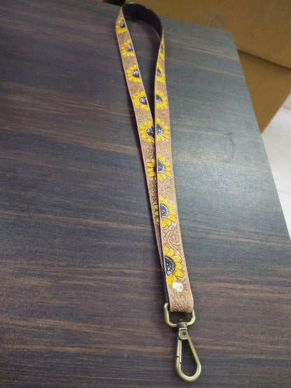 MOUSM Genuine Leather Lanyard, Handmade Neck Lanyards for badge holder, Sunflower Lanyard
