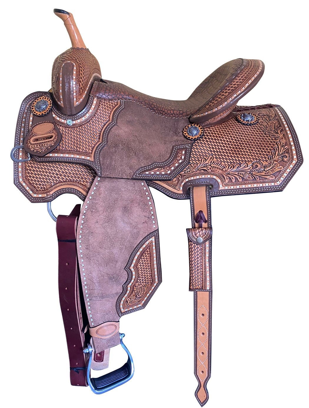 MOUSM Western Barrel Racing Saddle - Premium Argentina Leather Saddle Handcrafted with Basket Tooling and Carved Floral Design, Seat Size: 14"-17" Inches