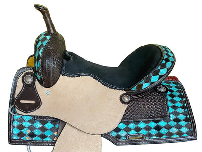 MOUSM Horse Saddle - Built on a Rawhide Covered Fiber Tree, Western Saddle Made from Genuine Leather Black and Turquoise Checkered Design, Seat Sizes: 14&quot;-17&quot; Inches