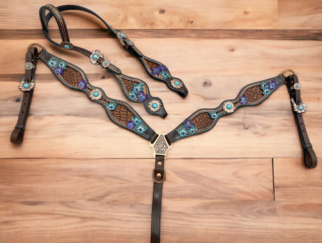MOUSM Argentina Cow Leather Breast Collar and Headstall Set - Western Horse Tack Hand-Carved &amp; Painted Floral Design in Turquoise &amp; Purple, Light Brown Alligator Design Inlays