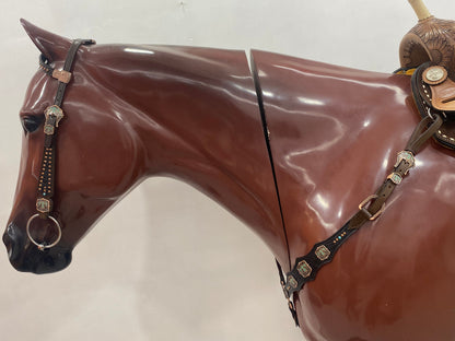 MOUSM Argentina Cow Leather Headstall &amp; Breast Collar Set – Western Horse Tack with Turquoise Aztec Egyptian Bird Conchos &amp; Black Croc Print