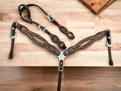 MOUSM Western Headstall &amp; Breast Collar Set – Made from Argentina Cow Leather, Western Horse Tack Set Decorated Hand-Tooled &amp; Hand-Painted Floral Design