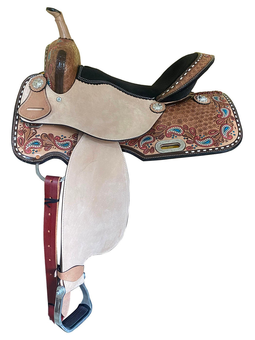 MOUSM Western Barrel Saddle - Genuine Leather Saddle Hand-Carved Paisley and Flower Design, Built On a Rawhide Covered Fiber Tree, Seat Sizes: 14"-17" Inches