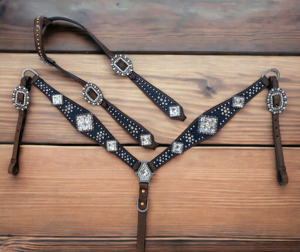 Black Alligator Print &amp; Silver Studs Western One Ear Headstall Set