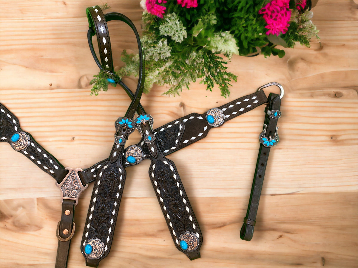 Hand Carved Floral with Rawhide Buck Stitching Headstall Set