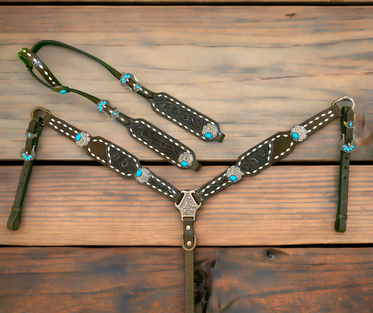 Hand Carved Floral with Rawhide Buck Stitching Headstall Set