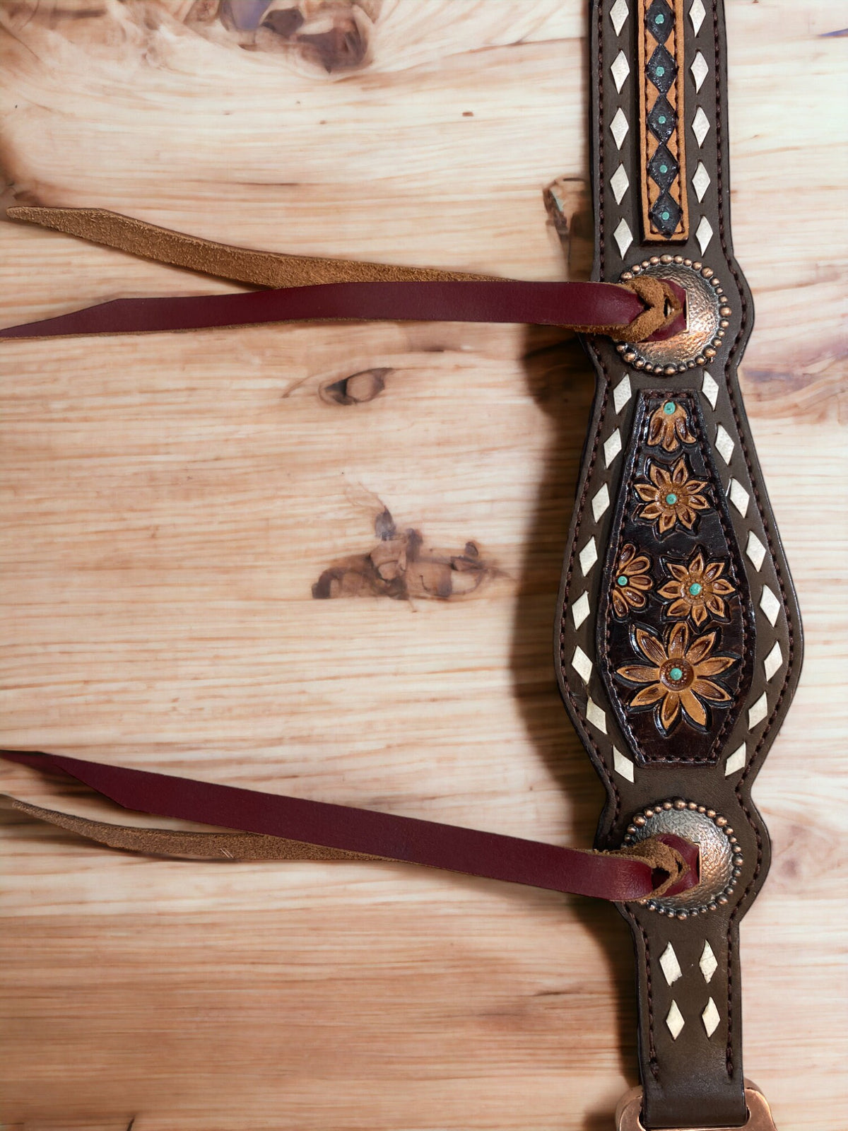 Leather Laces Horse Headstall Set Hand Carved Floral Design