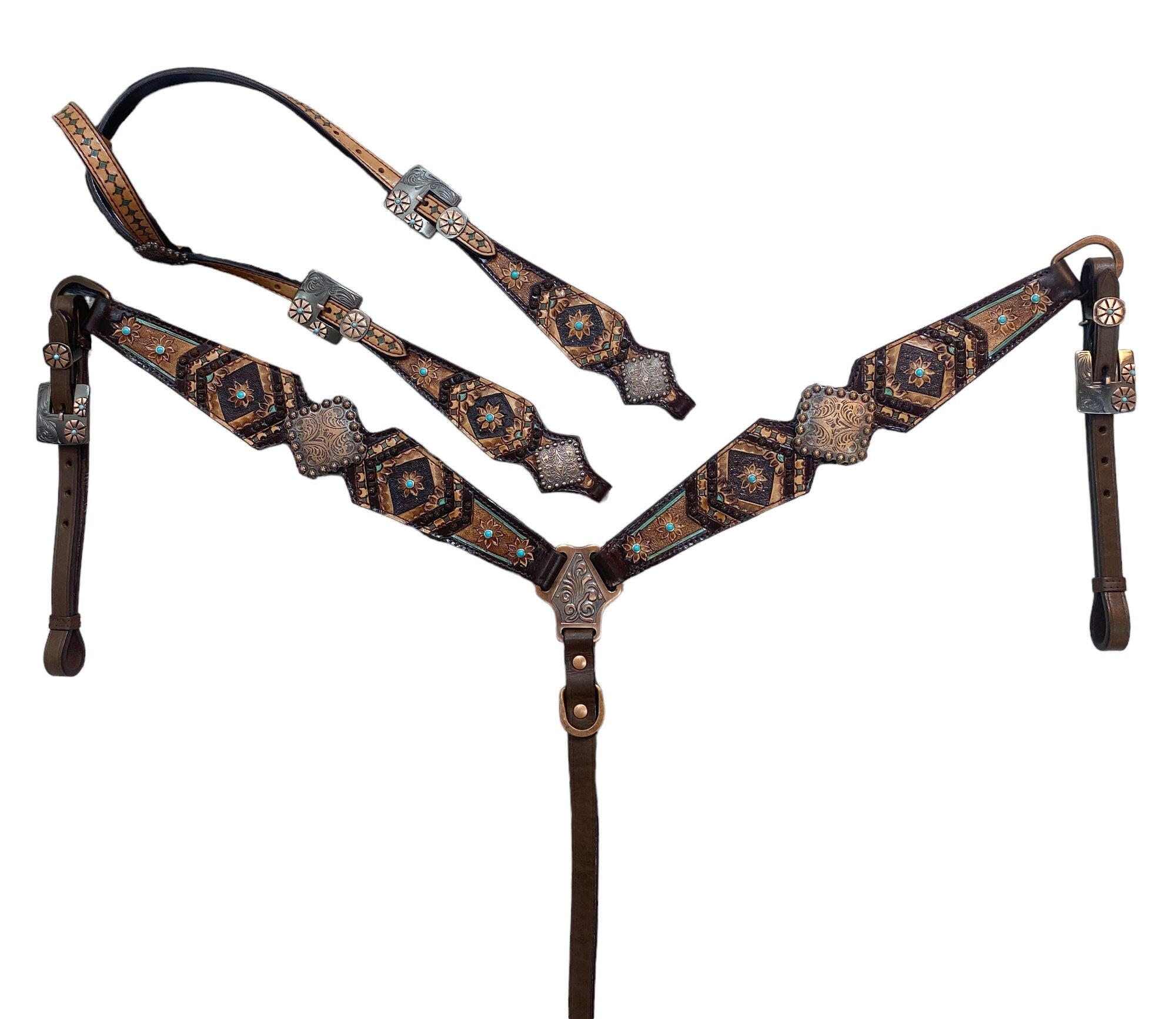 MOUSM Argentina Cow Leather Headstall and Breast Collar Set for Horse, Western Headstall Set Decorated with Geometrical Flower Carving, Antique Copper Conchos