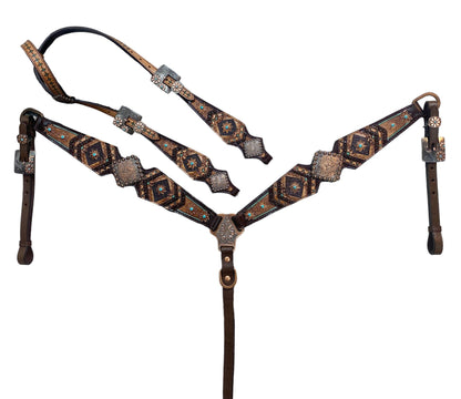 MOUSM Argentina Cow Leather Headstall and Breast Collar Set for Horse, Western Headstall Set Decorated with Geometrical Flower Carving, Antique Copper Conchos