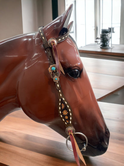 MOUSM Argentina Cow Leather Headstall and Breast Collar Set for Horse, Western Headstall Set Decorated with Geometrical Flower Carving, Antique Copper Conchos