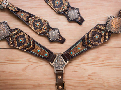 MOUSM Argentina Cow Leather Headstall and Breast Collar Set for Horse, Western Headstall Set Decorated with Geometrical Flower Carving, Antique Copper Conchos