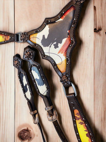 MOUSM Argentina Cow Leather Western Bridle and Breast Collar Set, Horse Tack Set with Vintage Bucking on Desert Print &amp; Antique Copper Hardware