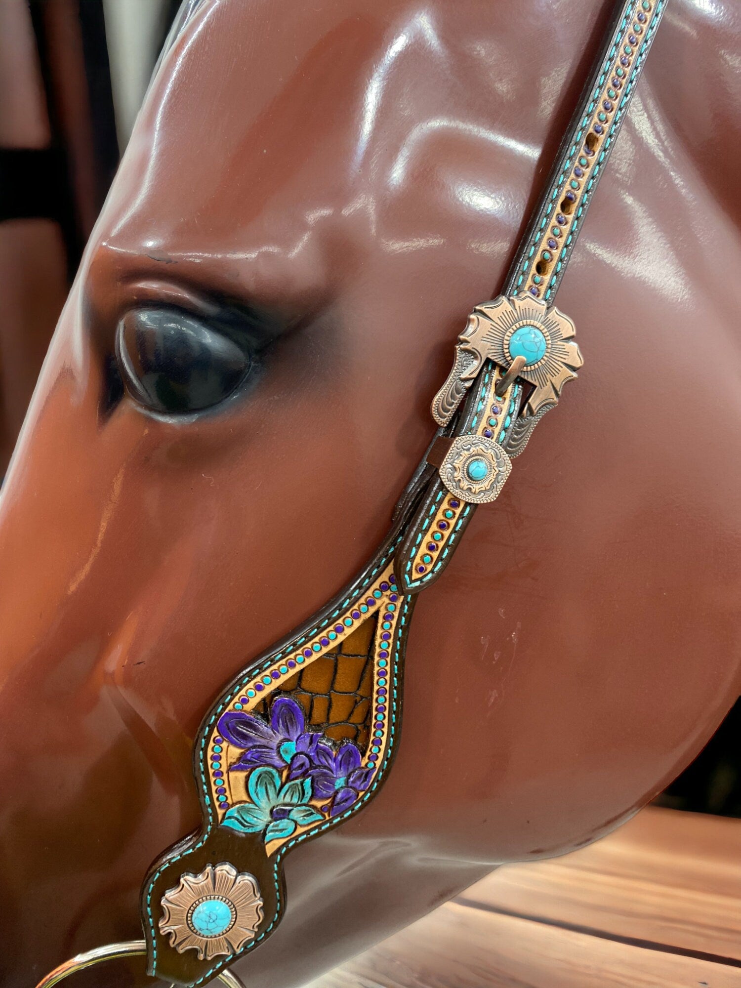 MOUSM Argentina Cow Leather Breast Collar and Headstall Set for Horses, Western Horse Tack Hand-Carved &amp; Painted Floral Design in Turquoise &amp; Purple, Light Brown Alligator Print Leather Accents