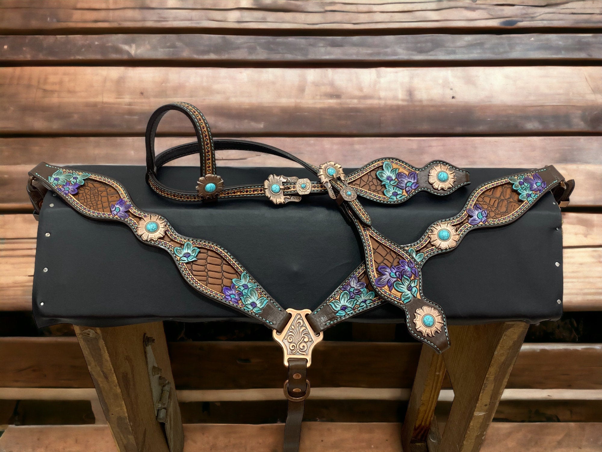 MOUSM Argentina Cow Leather Breast Collar and Headstall Set for Horses, Western Horse Tack Hand-Carved &amp; Painted Floral Design in Turquoise &amp; Purple, Light Brown Alligator Print Leather Accents