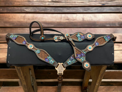 MOUSM Argentina Cow Leather Breast Collar and Headstall Set for Horses, Western Horse Tack Hand-Carved &amp; Painted Floral Design in Turquoise &amp; Purple, Light Brown Alligator Print Leather Accents