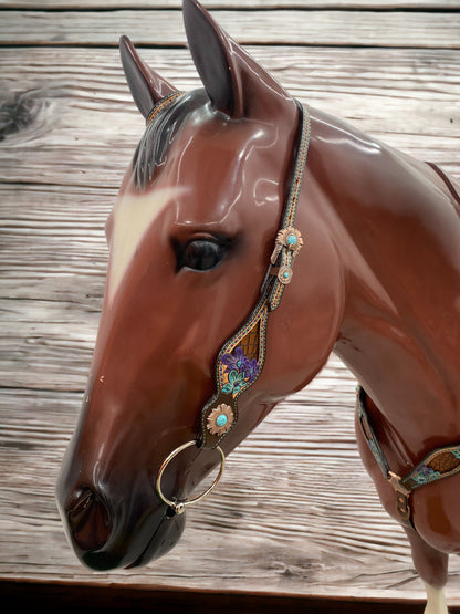 MOUSM Argentina Cow Leather Breast Collar and Headstall Set for Horses, Western Horse Tack Hand-Carved &amp; Painted Floral Design in Turquoise &amp; Purple, Light Brown Alligator Print Leather Accents