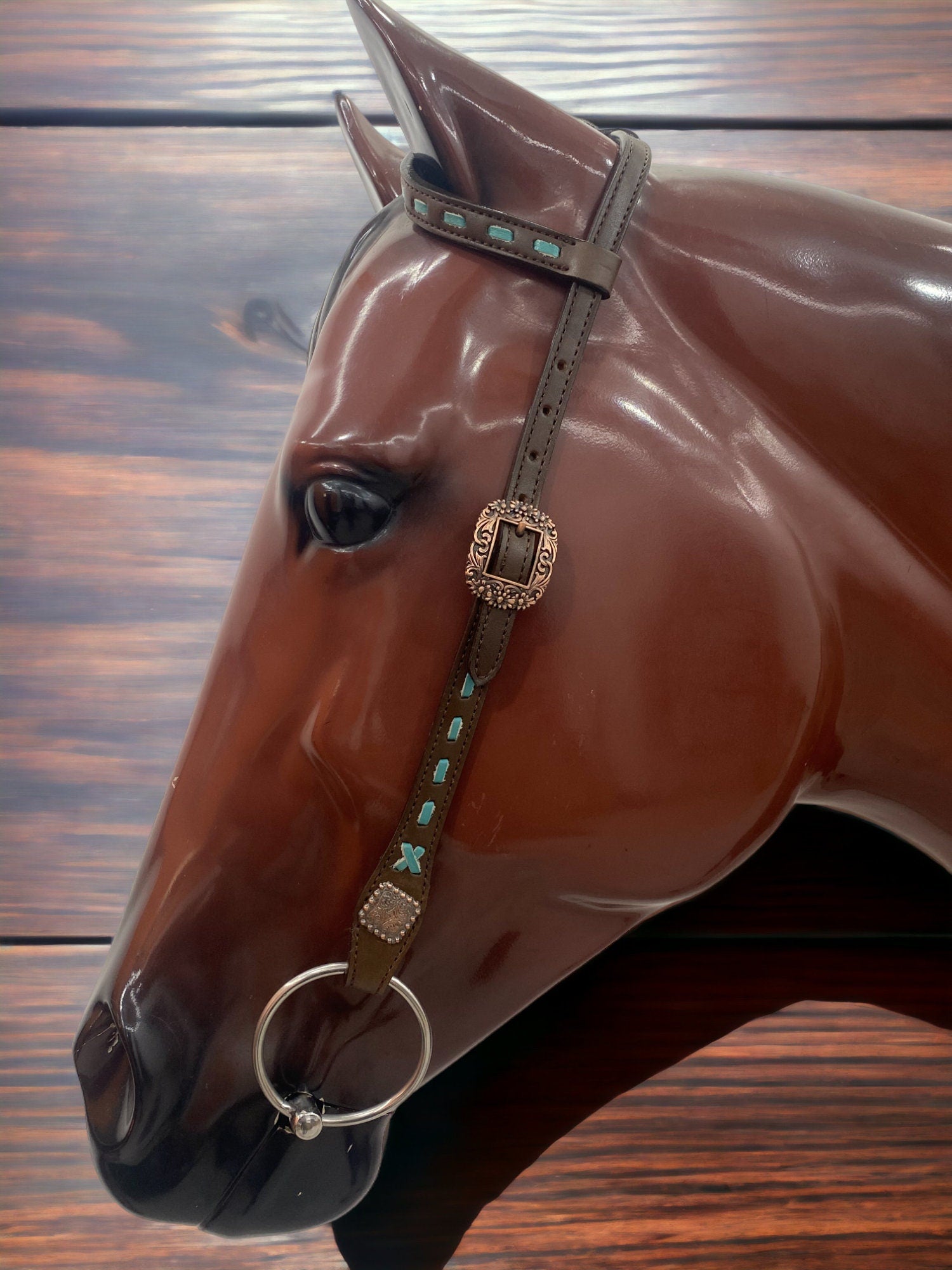 MOUSM Western Horse Bridle and Breast Collar Set - Decorated with Turquoise Croc Print Cowhide Leather Inlay &amp; Fringe Bridling
