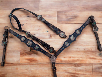 MOUSM Argentina Cow Leather Headstall &amp; Breast Collar Set – Western Horse Tack with Turquoise Aztec Egyptian Bird Conchos &amp; Black Croc Print