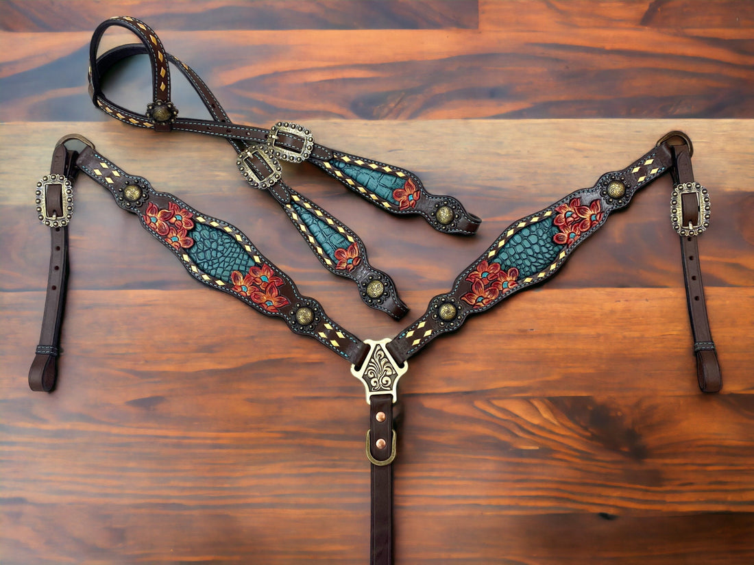 Hand Carved and Painted Floral Design Western Horse Tack Set
