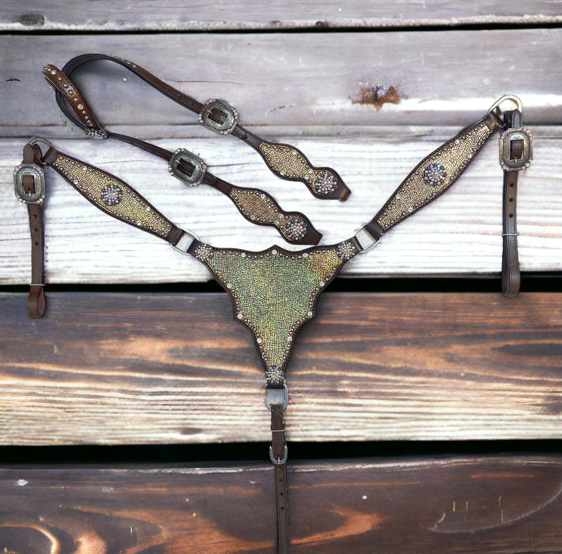 MOUSM Argentina Cow Leather Headstall &amp; Breast Collar Set – Western Horse Tack with Holographic Metallic Leather &amp; Antique Nickel Hardware