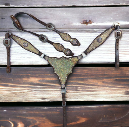 MOUSM Argentina Cow Leather Headstall &amp; Breast Collar Set – Western Horse Tack with Holographic Metallic Leather &amp; Antique Nickel Hardware