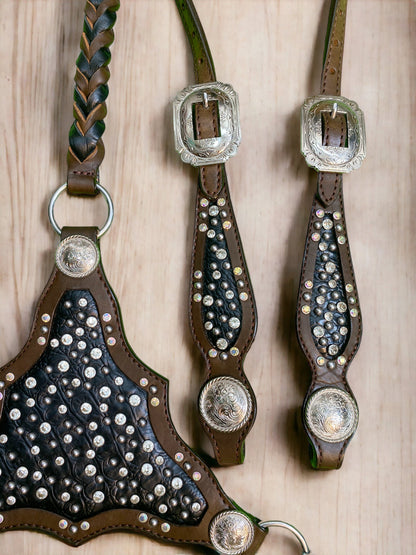 MOUSM Argentina Cow Leather Headstall &amp; Breast Collar Set – Western Horse Tack with Clear Rivets, Silver Studs &amp; Black Alligator Accents