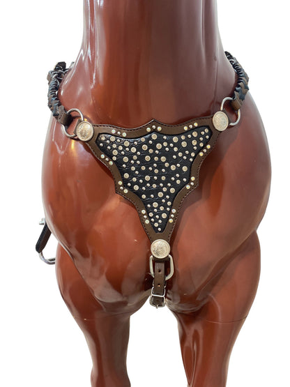 MOUSM Argentina Cow Leather Headstall &amp; Breast Collar Set – Western Horse Tack with Clear Rivets, Silver Studs &amp; Black Alligator Accents