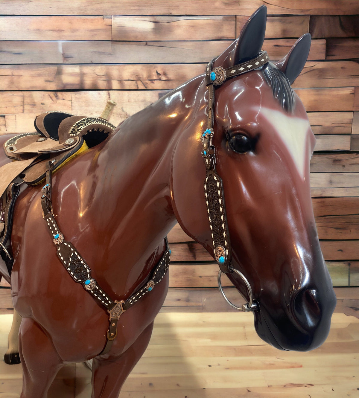 Hand Carved Floral with Rawhide Buck Stitching Headstall Set