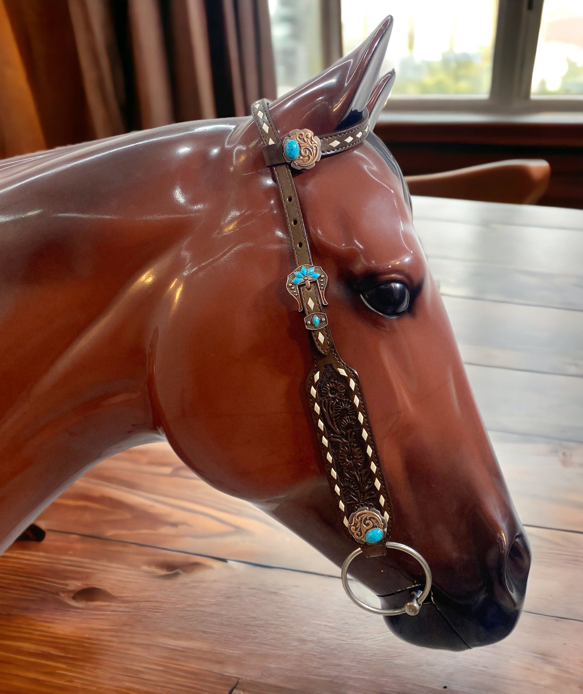Hand Carved Floral with Rawhide Buck Stitching Headstall Set