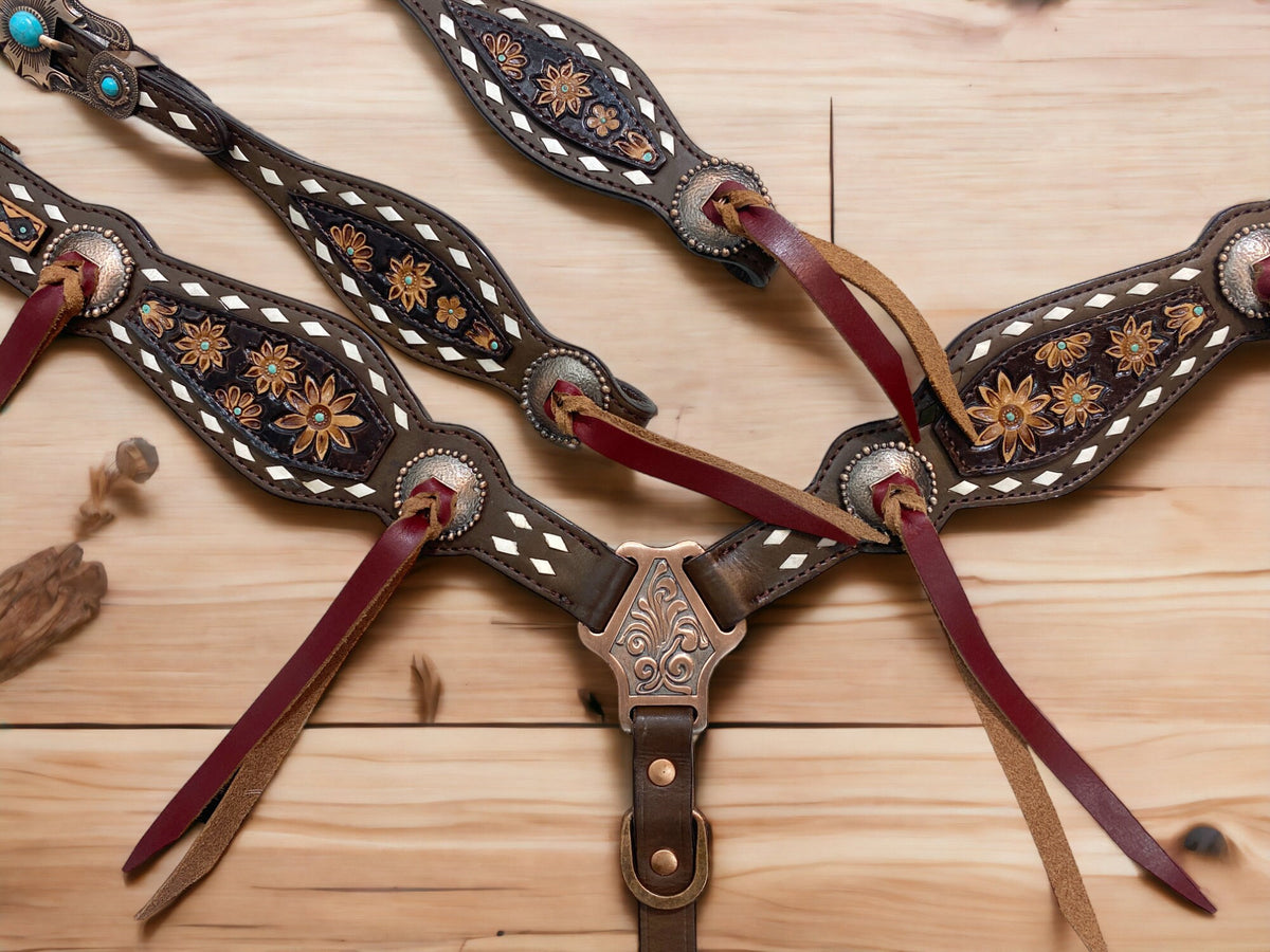 Leather Laces Horse Headstall Set Hand Carved Floral Design