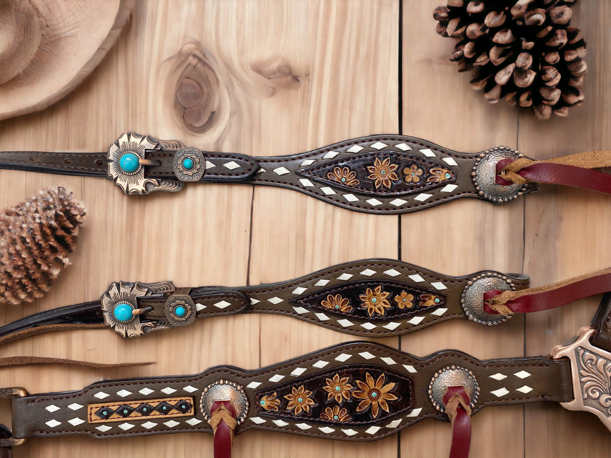 Leather Laces Horse Headstall Set Hand Carved Floral Design