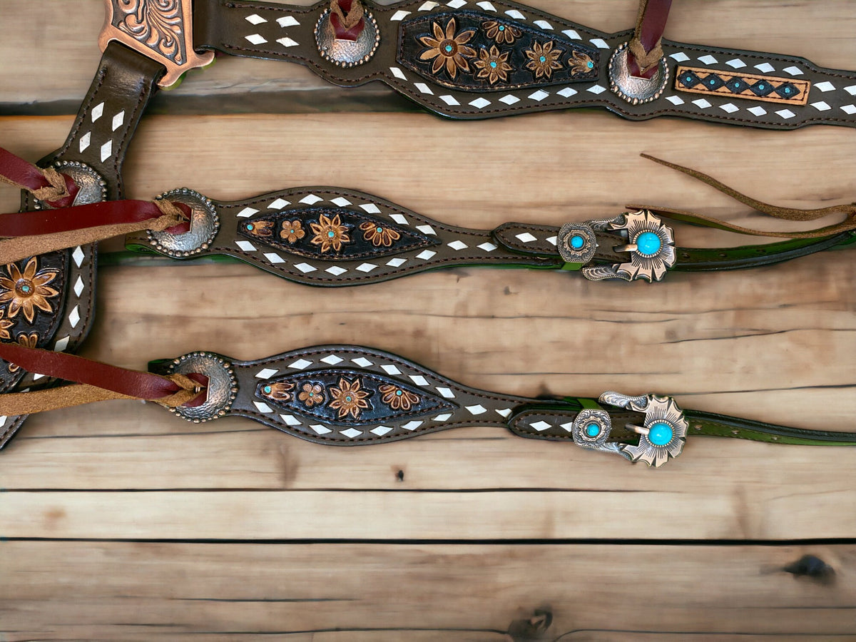 Leather Laces Horse Headstall Set Hand Carved Floral Design